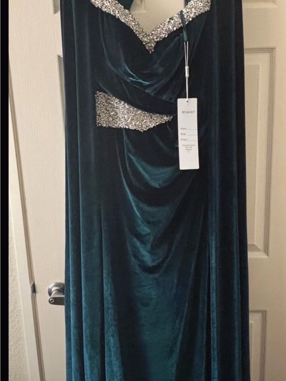 Portia and Scarlett Emerald Green Velvet Evening Gown with Silver Beaded Accents